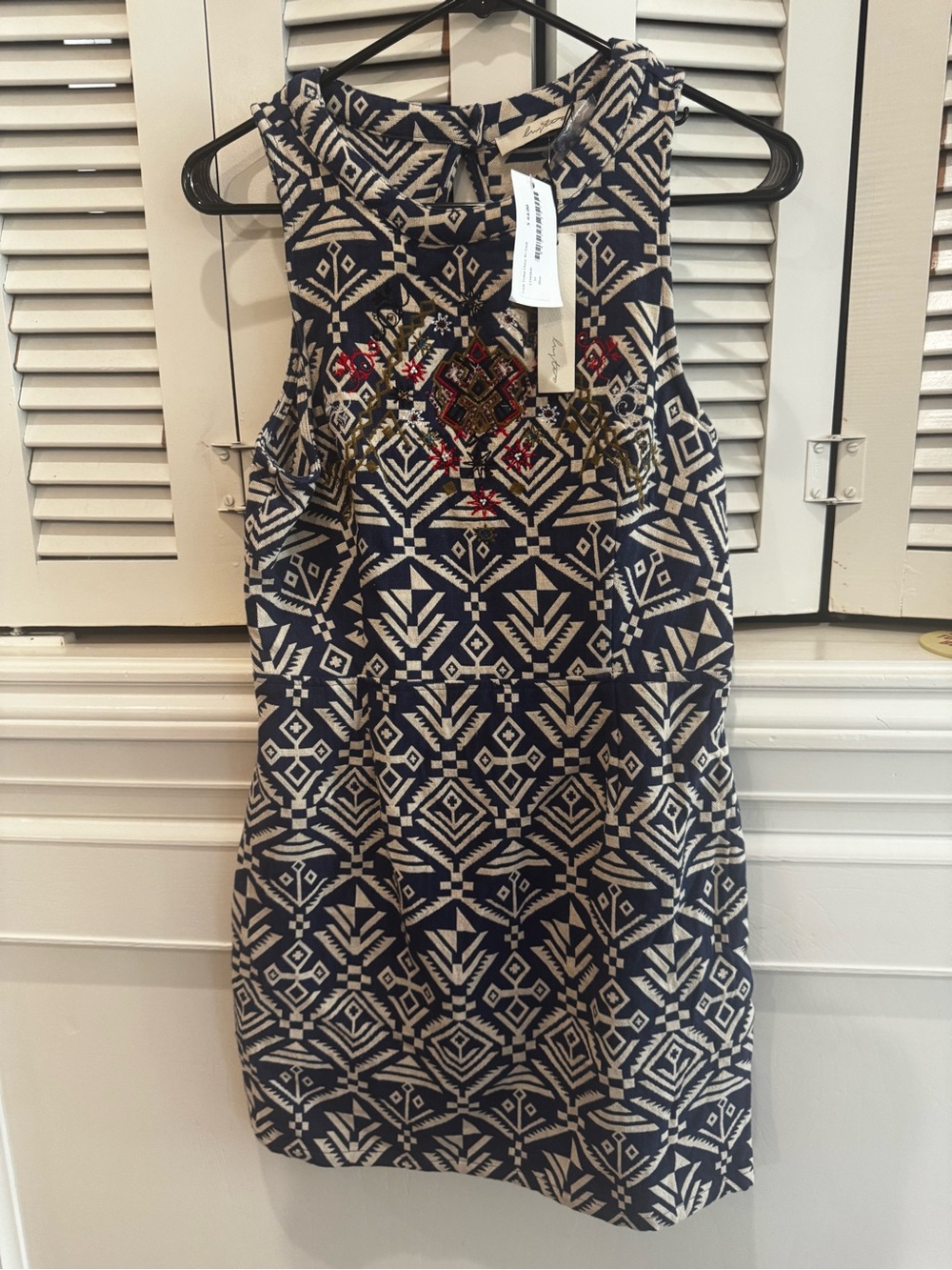 Sleeveless Geo-Print Mini Dress with Embroidered Bodice - Navy/Cream